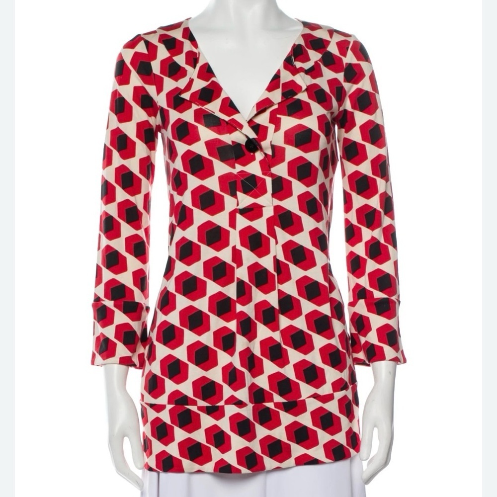 Diane Von Furstenberg Red/Black/White Geometric Silk Tunic Blouse Size 2/XS $248